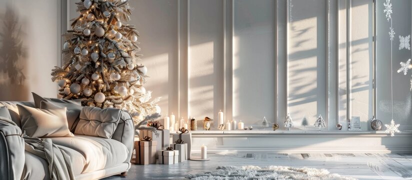 A festive Christmas tree adorned with decorations stands beside a comfortable sofa in a warm and inviting living room