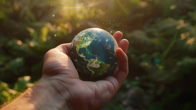 Hands hold an Animated globe of the Earth with a forest background in Earth day
