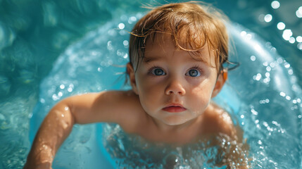 Fototapeta na wymiar Closeup of a cold and shivering baby boy on a float on the surface of a swimming pool