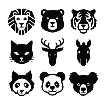 A set of nine icon illustration of a unique animal concept. lion, bear, tiger, cat, deer, horse, wolf, panda, koala. Set collection of animals Icons. Simple line art style icons pack