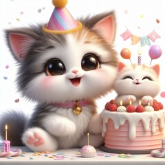 a cute kitten holding birthday cake at 1st birthday party , funny, happy, smile, white background