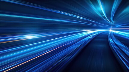 Abstract blue speed lines background with a blur effect. Digital technology concept. Motion blurred light streaks on a dark background.