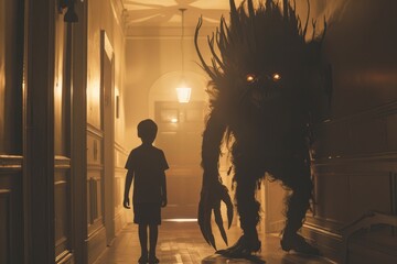 Child nightmare, A child standing near a scary monster in hallway, Generative AI