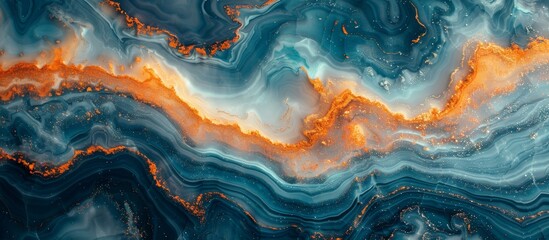 Vibrant colors of blue and orange swirl together in a close-up view of a unique marble, showcasing intricate orange streaks - obrazy, fototapety, plakaty