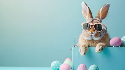Cool Easter Bunny, bunny with sunglasses, blue background, Fun Easter concept Holiday animal celebration greeting card - obrazy, fototapety, plakaty