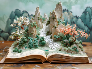 An open book with cut-out mountains and trees inside.