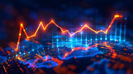 Financial stock market charts with trend lines, blue charts, charts showing uptrends, orange and red lines and arrows, background material for financial newspapers. - obrazy, fototapety, plakaty