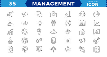 Business and management line icons set, web icons in line style.Career, Human Resources, Employee, Strategy, Time management, planning, project, startup, marketing.