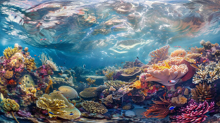 Below the ocean's surface, a bustling coral reef bursts with a riot of hues,