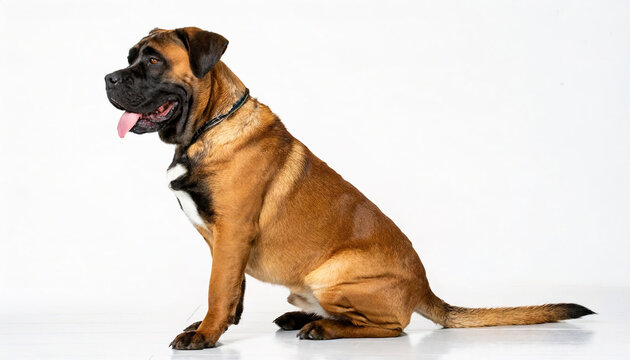 Boerboel - Canis lupus familiaris - is a South African breed of large family guard dog of mastiff type, with a short coat, strong bone structure and well developed muscles. Sitting  Isolated on white