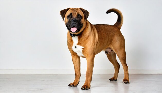 Boerboel - Canis lupus familiaris - is a South African breed of large family guard dog of mastiff type, with a short coat, strong bone structure and well developed muscles. Standing Isolated on white