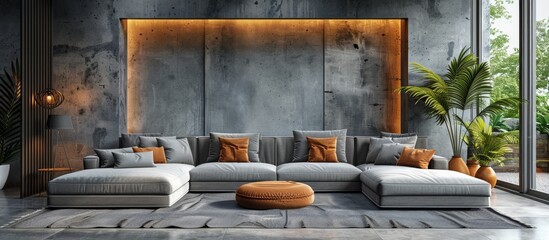Inviting close-up of a comfortable sofa adorned with soft pillows and a small ottoman in a stylish room