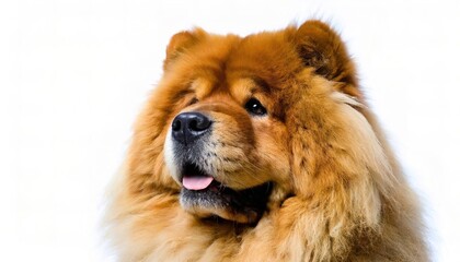 Chow Chow - Canis lupus familiaris - is a spitz type of dog breed originally from Northern China known for a very dense double coat. Close up of head and face isolated on white background