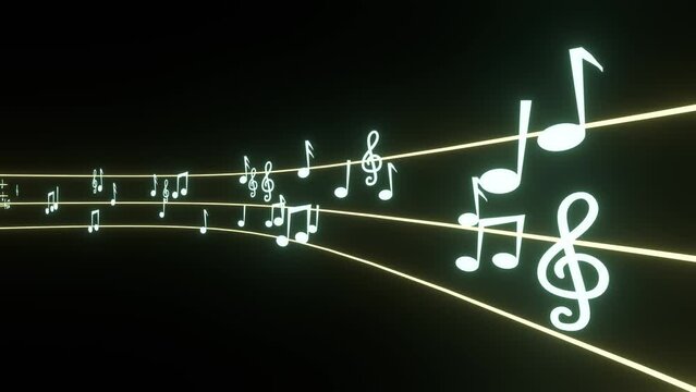 Illustration of musical notes running in a row on a black background. Animation of musical notes with three lines. Animation of musical notes running with three lines