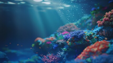 Bring the depths to life with a minimalist underwater scene, featuring vibrant coral reefs in an unexpected close-up shot Use digital rendering techniques for a photorealistic finish - obrazy, fototapety, plakaty