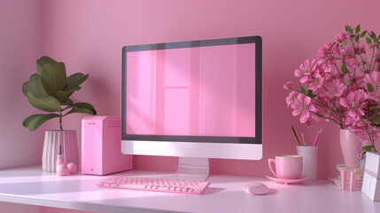 Pink computer set, computer, pink