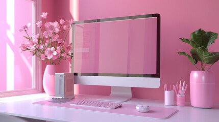 Pink computer set, computer, pink