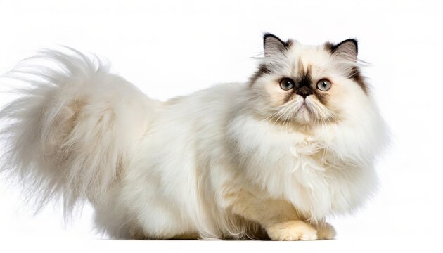 Persian longhair cat - Felis silvestris catus - is characterised by a round face and short muzzle with short legs, isolated on white background. white color with black parts standing looking at camera