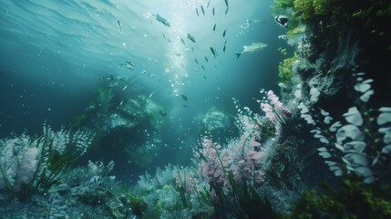 Transform a surreal underwater scene using glitch art techniques, showcasing unexpected camera angles that reveal the mysterious beauty of futuristic marine life and innovative technologies through di - obrazy, fototapety, plakaty