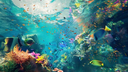 Transform a surreal underwater scene using glitch art techniques, showcasing unexpected camera angles that reveal the mysterious beauty of futuristic marine life and innovative technologies through di