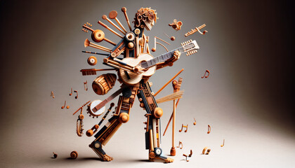 A wooden figure resembling a musician crafted of musical instruments, floating notes on a beige...