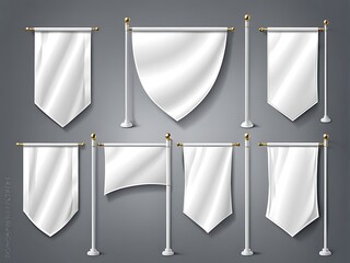 White pennant flags mockup design, blank vertical banners on a flagpole with rounded, straight, pointed and double edges design  - obrazy, fototapety, plakaty