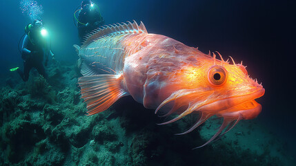 Fototapeta premium A large unknown fish with bright yellow color swimming through two divers underwater 
