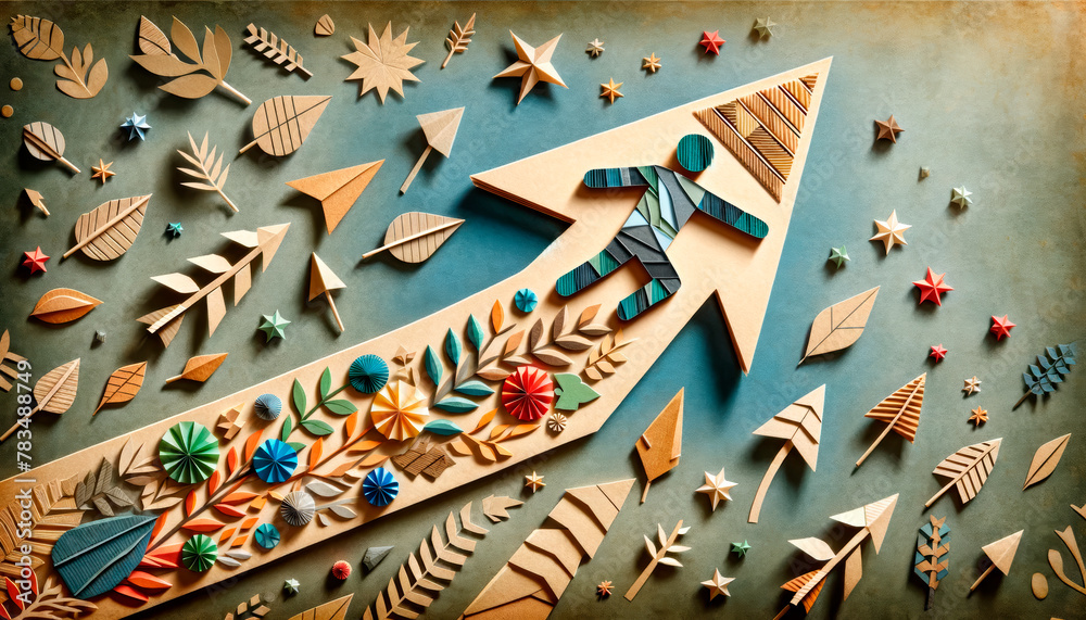 Aufkleber handcrafted paper arrows and foliage on a textured background, symbolizing growth and direction in a