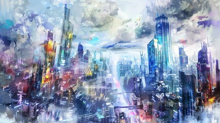 Paint a panoramic view of a bustling futuristic city intertwined with majestic mythical creatures in vibrant watercolors Capture the moment through unexpected camera angles that evoke awe and wonder - obrazy, fototapety, plakaty