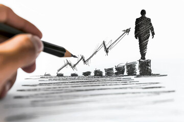 A hand drawing a concept sketch of a person walking up an upward trend line, drawn in black on a white background, symbolizing business growth. Generative AI