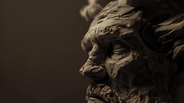 Manifest the spirit of ancient legends in a dynamic clay sculpture piece Experiment with unique light sources to cast shadows and highlights, revealing the depth of mythical beings psyches from a tilt