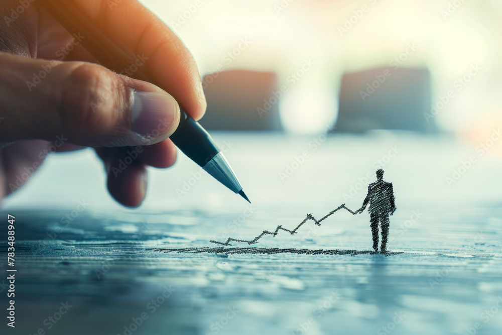 Poster a hand drawing a metaphor for success on a paper with pen, a rising graph and a silhouetted person, 
