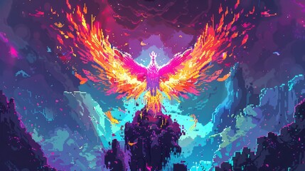Illustrate the theme of resilience in a mesmerizing pixel art scene, featuring a low-angle view of a phoenix rising from colorful ashes with determination