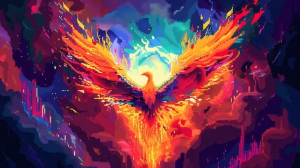 Illustrate the theme of resilience in a mesmerizing pixel art scene, featuring a low-angle view of a phoenix rising from colorful ashes with determination - obrazy, fototapety, plakaty