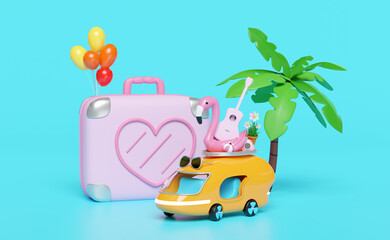 3d bus or van with tree, guitar, luggage, balloons, camera, sunglasses, flower, flamingo isolated on blue background. summer travel concept, 3d render illustration