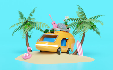 3d bus or van with island, surf board, tree, guitar, luggage, camera, sunglasses, flower, flamingo isolated on blue background. summer travel concept, 3d render illustration