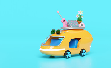 3d bus or van with guitar, luggage, camera, sunglasses, flower isolated on blue background. summer travel concept, 3d render illustration