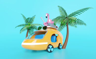 3d bus or van with tree, guitar, luggage, camera, sunglasses, flower, flamingo isolated on blue background. summer travel concept, 3d render illustration