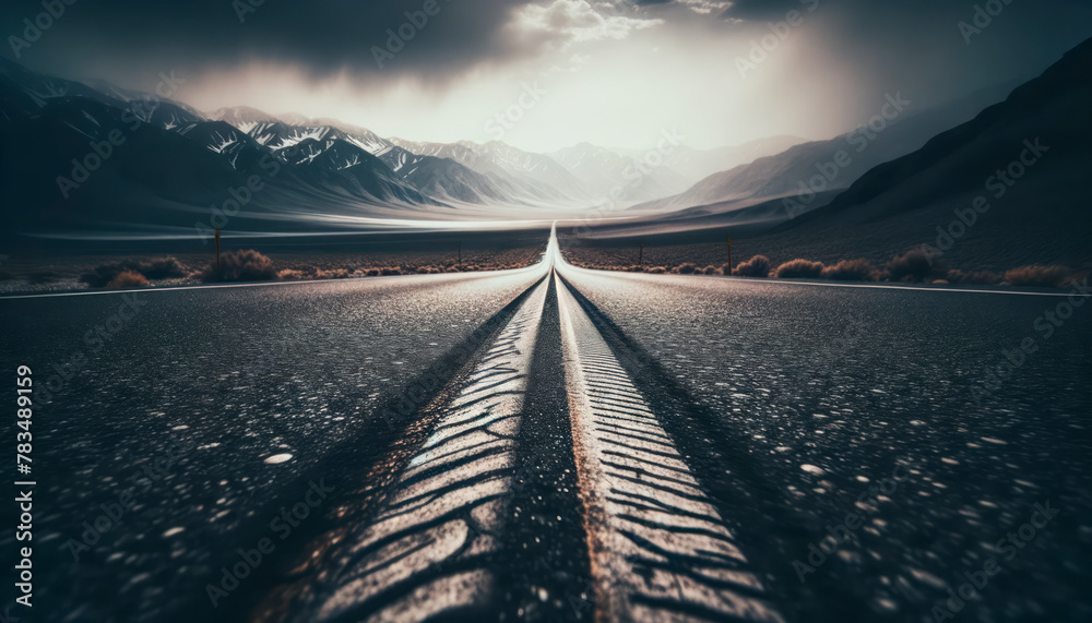 Poster An empty road leading towards mountains under moody skies, symbolizing a journey or adventure concept on a textured background, Generative AI. Generative AI