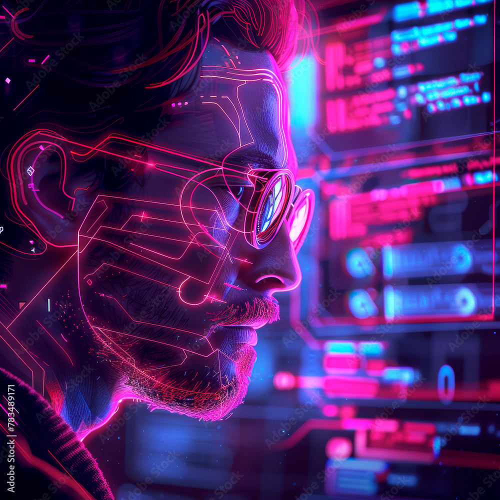 Poster Profile of a man with digital neon outlines against a futuristic interface backdrop, portraying the concept of technology. Generative AI