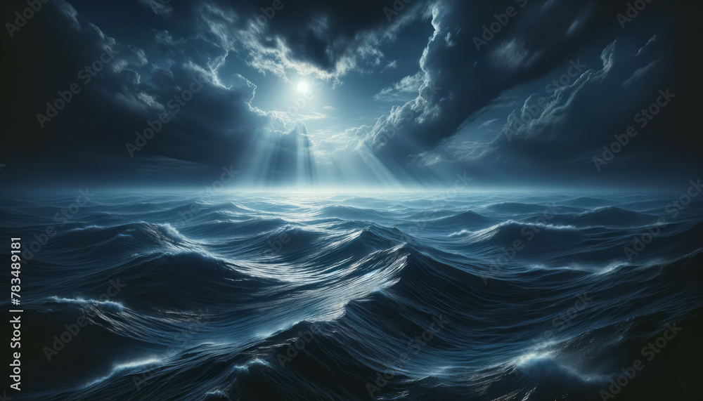 Poster a dynamic ocean scene under moonlight, with dramatic clouds and beams of light, set on a dark backgr
