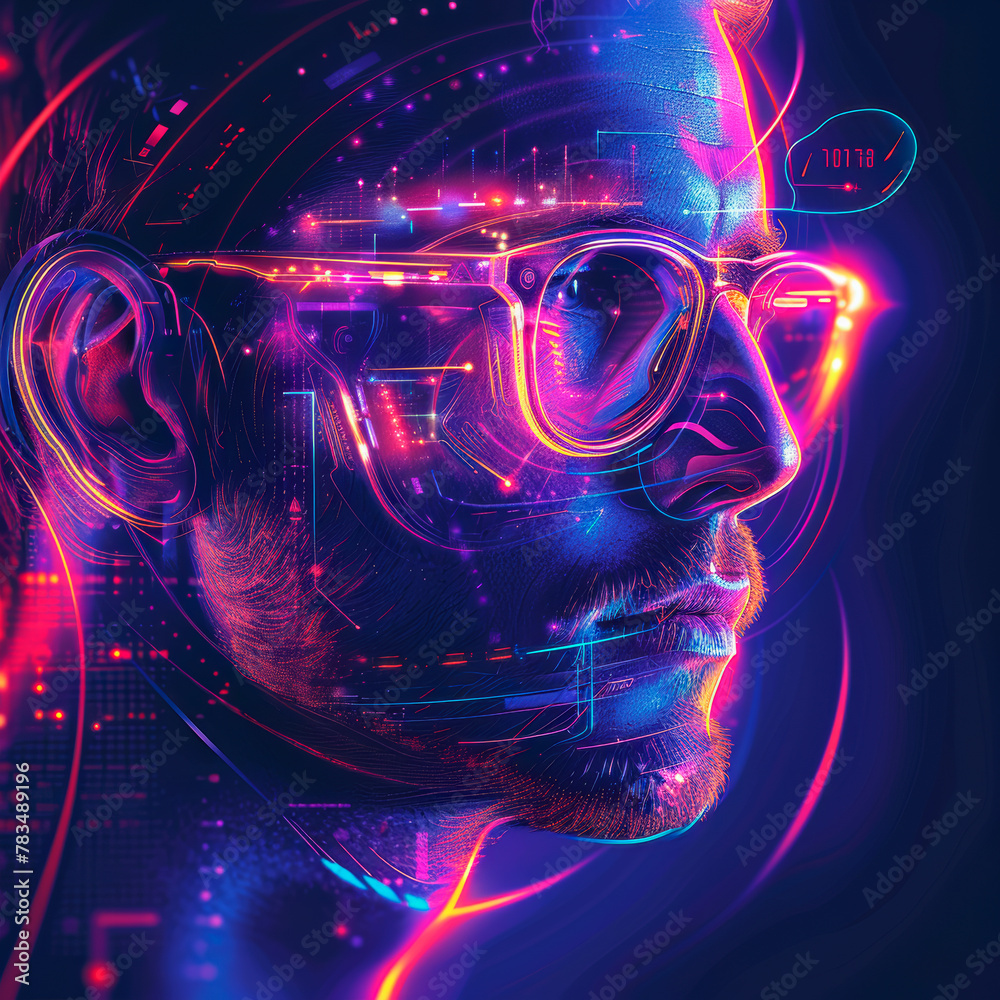 Poster digital artwork of a man's face with neon lines, on a dark neon-lit background, concept of technolog