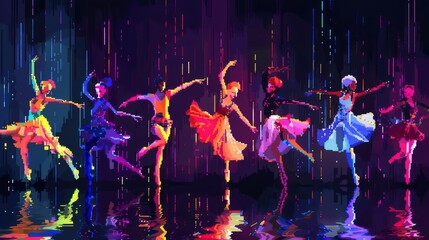 Illustrate the essence of different dance forms in a pixel art composition Each dance style should be portrayed with vibrant colors, dynamic movements, and intricate pixelated details - obrazy, fototapety, plakaty