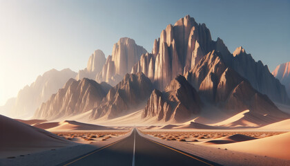 A road leading through a dramatic desert landscape with towering rock formations under a clear sky, embodying a journey concept. Generative AI