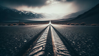 An empty road leading towards mountains under moody skies, symbolizing a journey or adventure concept on a textured background, Generative AI. Generative AI