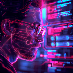 Profile of a man with digital neon outlines against a futuristic interface backdrop, portraying the concept of technology. Generative AI