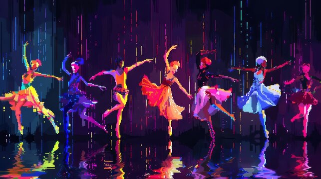 Illustrate the essence of different dance forms in a pixel art composition Each dance style should be portrayed with vibrant colors, dynamic movements, and intricate pixelated details