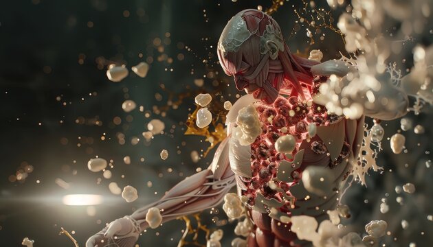 Illustrate a superhuman with enhanced health through microscopic innovations using intricate CG 3D rendering techniques