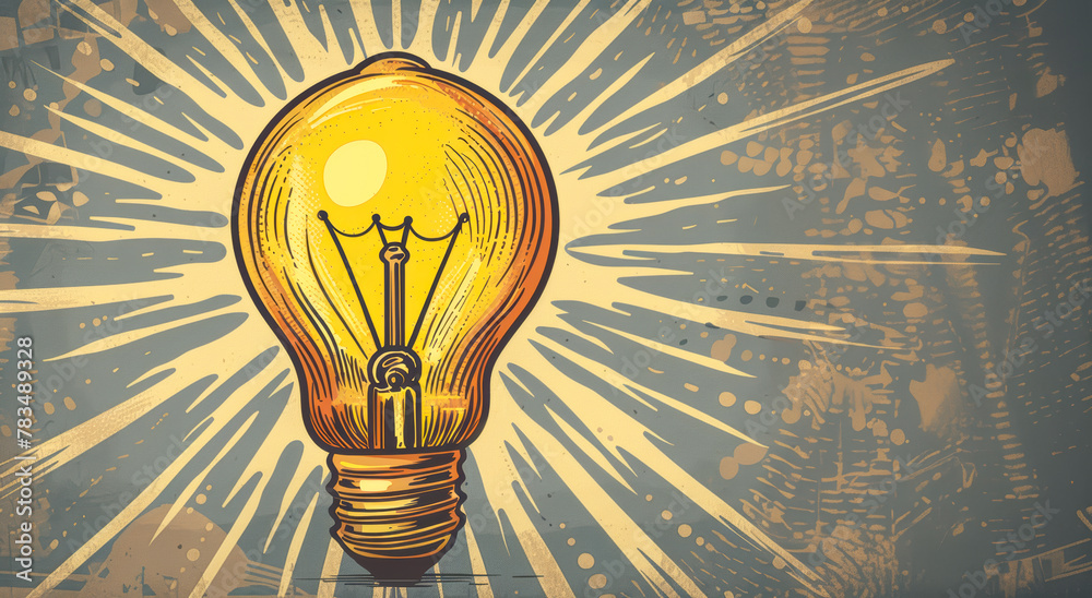 Poster an illuminated lightbulb with a dynamic splash background, symbolizing a bright idea or concept, gen