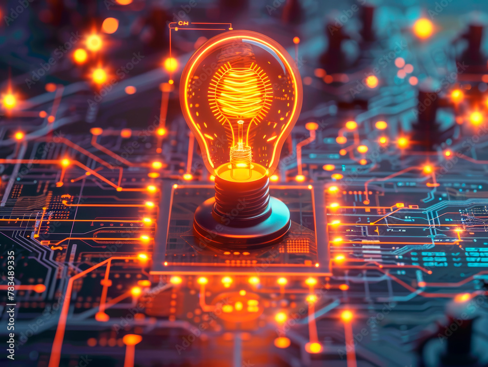 Poster illuminated lightbulb on a digital circuit board, conveying concepts of technology and innovation, w